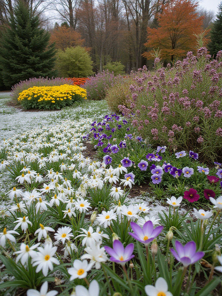 Flower garden with blooms from spring, summer, fall, and winter, showcasing year-round color