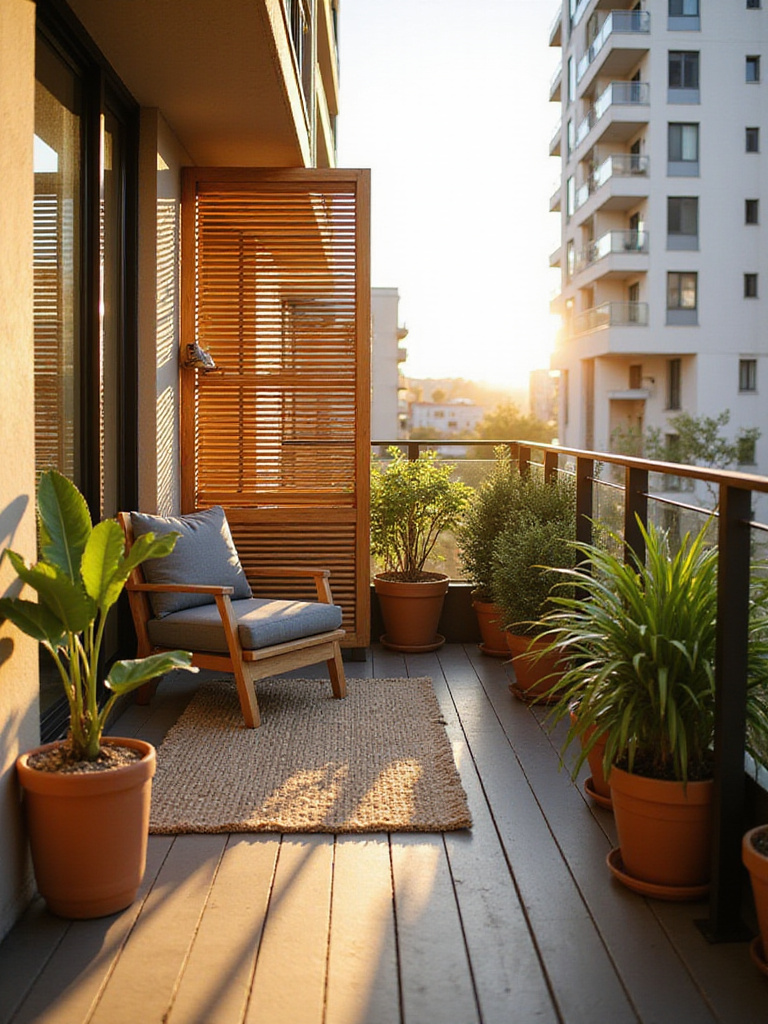 Apartment balcony with slatted wooden privacy screen, creating a secluded outdoor space.
