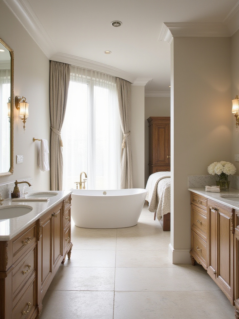Luxurious ensuite bathroom with freestanding tub and marble vanity connected to a serene bedroom.