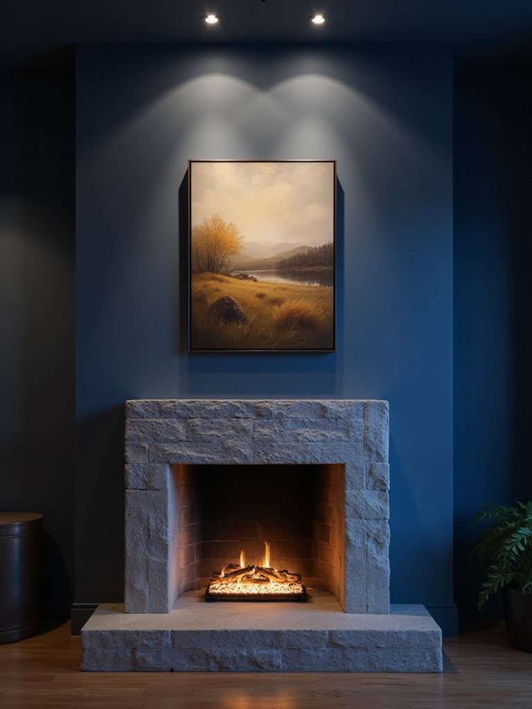 Living room with accent lighting highlighting artwork and a textured fireplace.