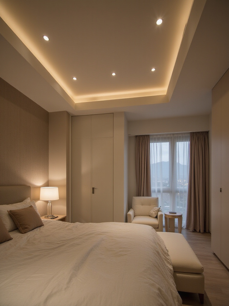 Modern bedroom with discreet recessed lighting providing even, ambient light.