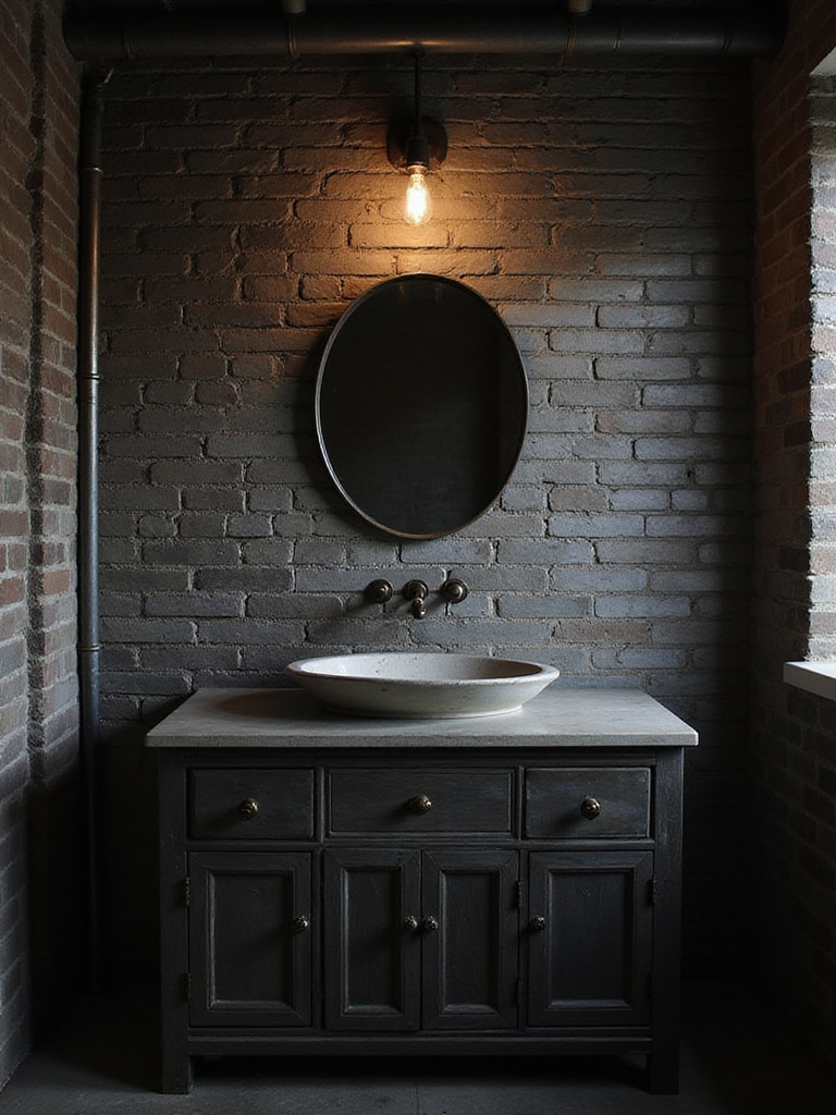 Industrial bathroom featuring faux brick paneling accent wall behind a metal vanity.