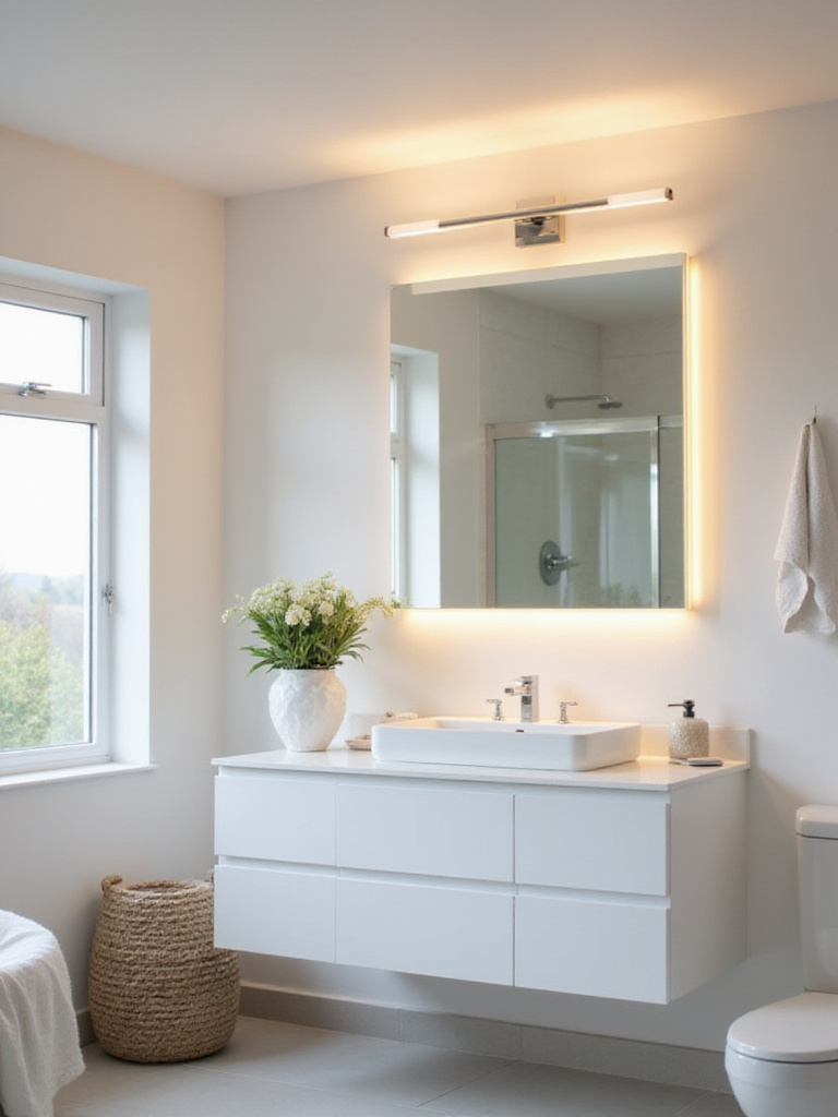Budget-friendly bathroom lighting using LED strip lights above the mirror.