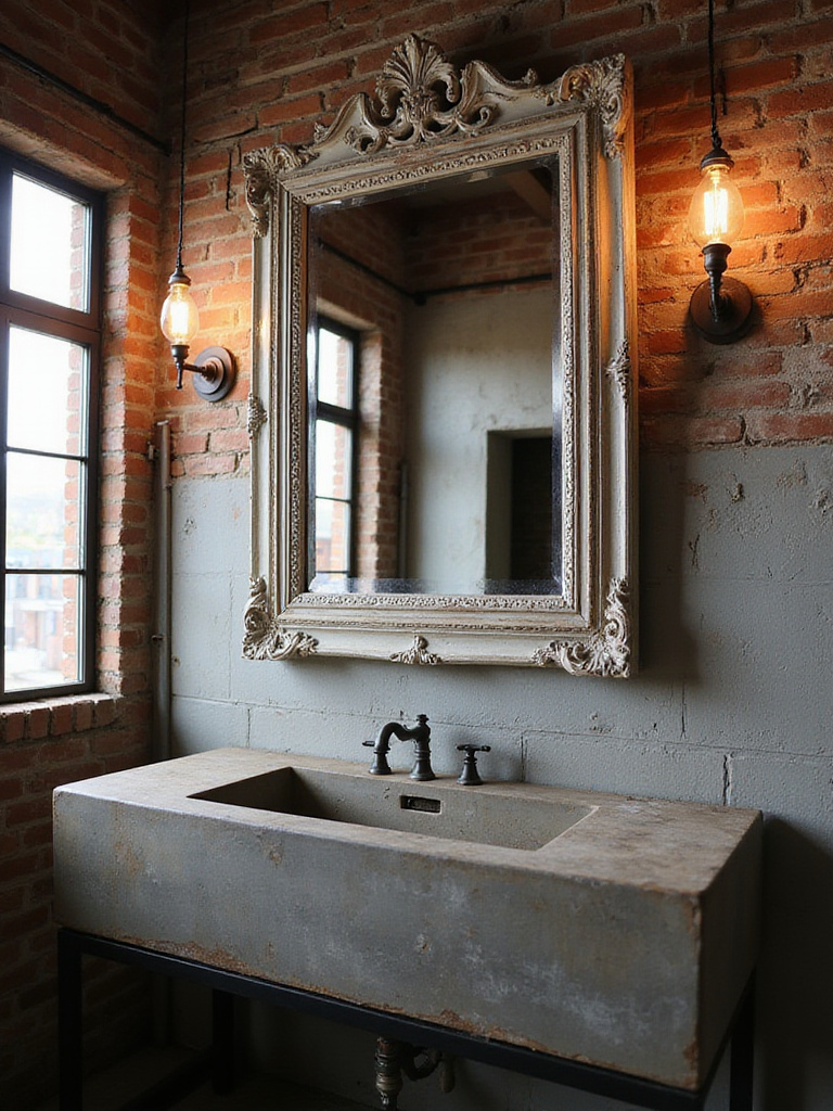 Industrial bathroom with a large distressed vintage mirror above a concrete sink.