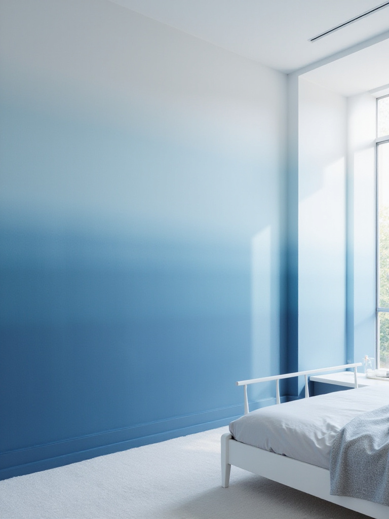 Blue ombre wall paint technique creating depth and dimension in a bedroom.