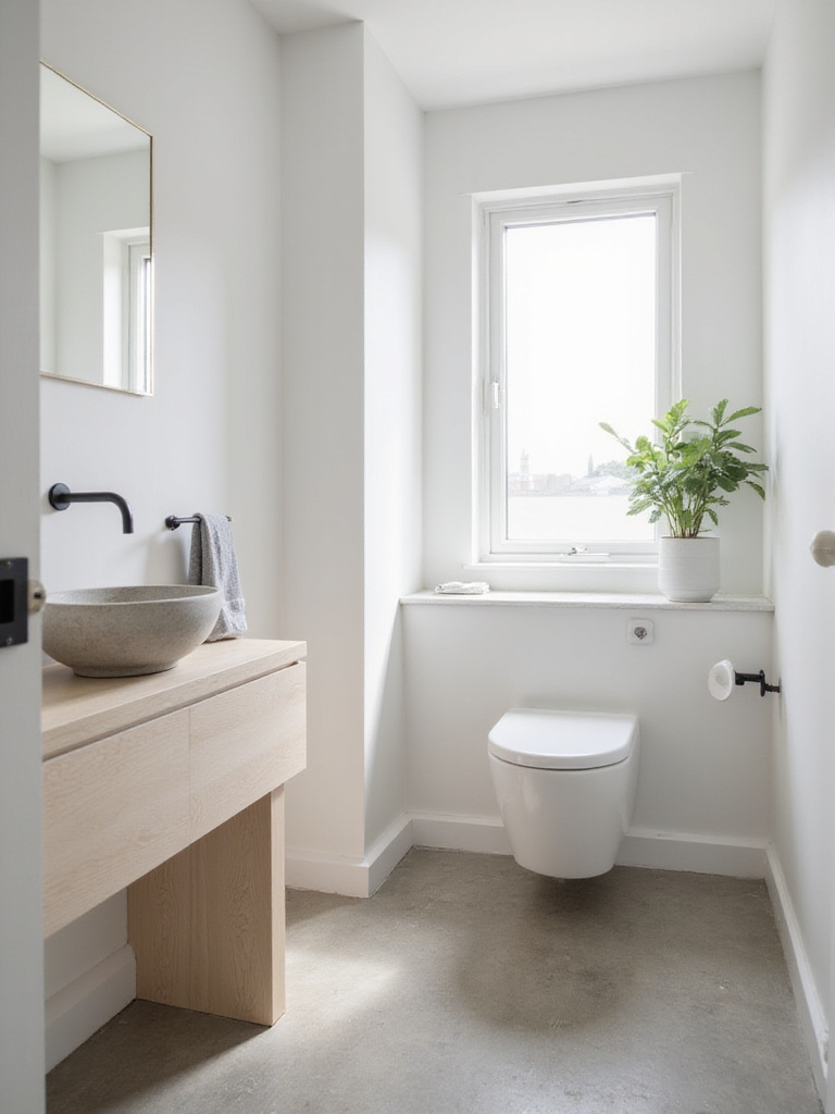 A simple green plant in a white pot sits on a shelf in a minimalist bathroom with a concrete sink and wooden vanity.