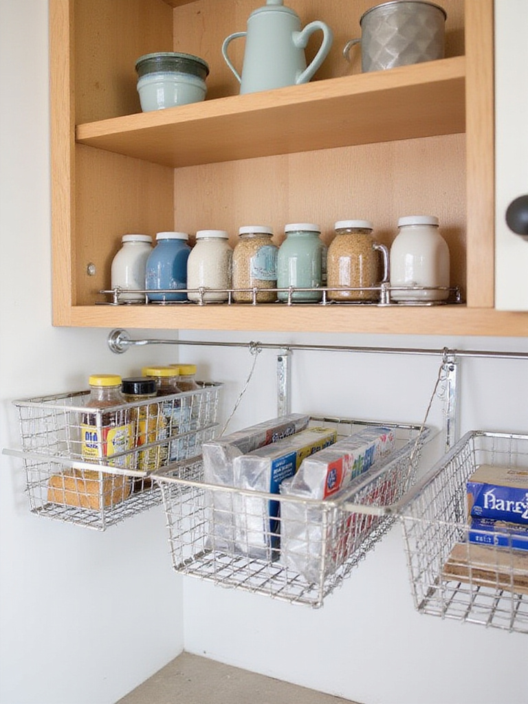 Under-shelf baskets in kitchen cabinets holding mugs, spices, and wraps for organized storage