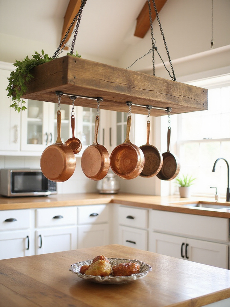 Rustic pot rack made from reclaimed wood with copper pots and pans hanging in a farmhouse kitchen.
