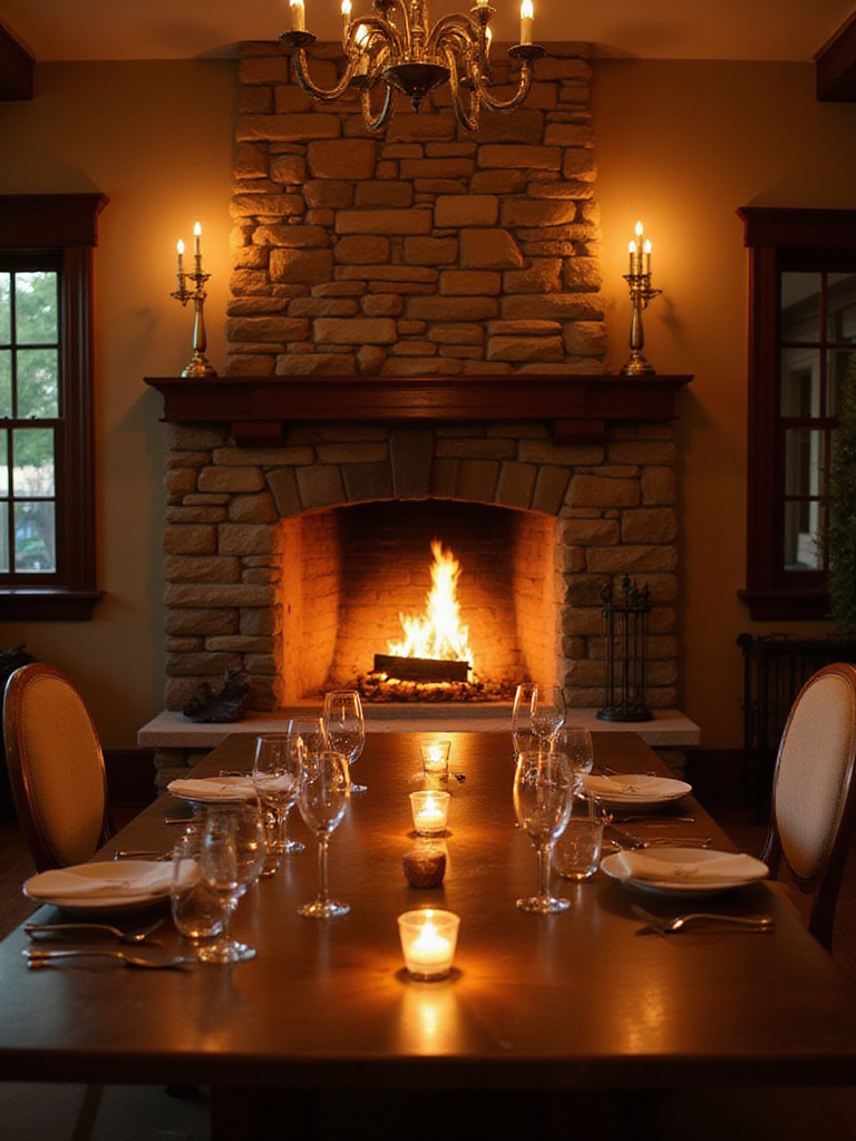 Cozy dining room with stone fireplace and elegant dining table setting