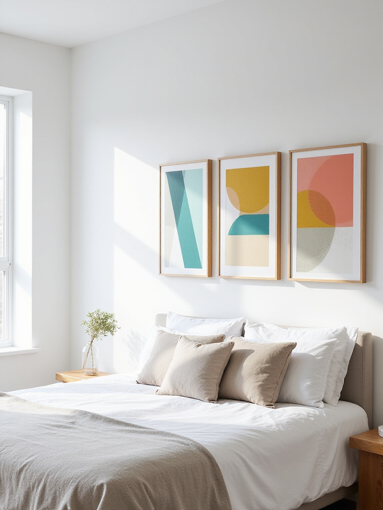 Vibrant geometric prints in teal, yellow, and coral add a pop of color above a bed in a modern bedroom.