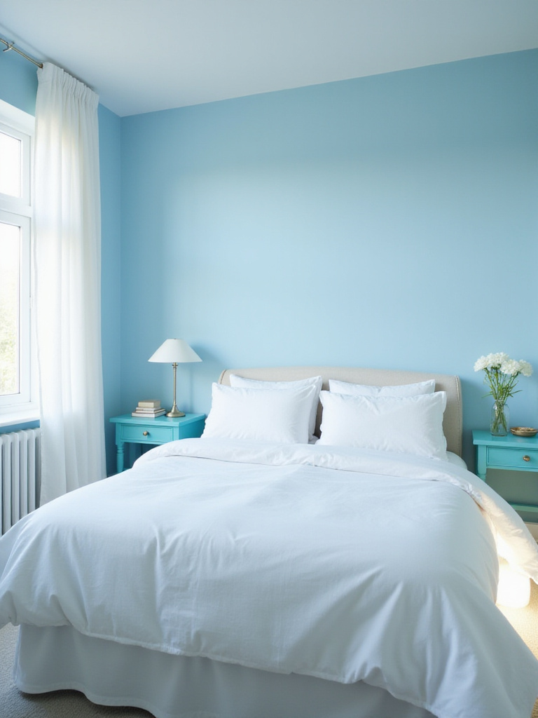 Blue bedroom with turquoise nightstands adding a pop of color