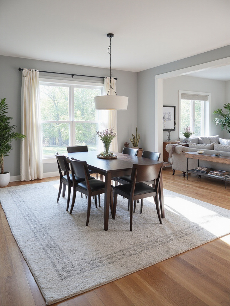 Dining room with a stylish area rug anchoring the table and chairs.