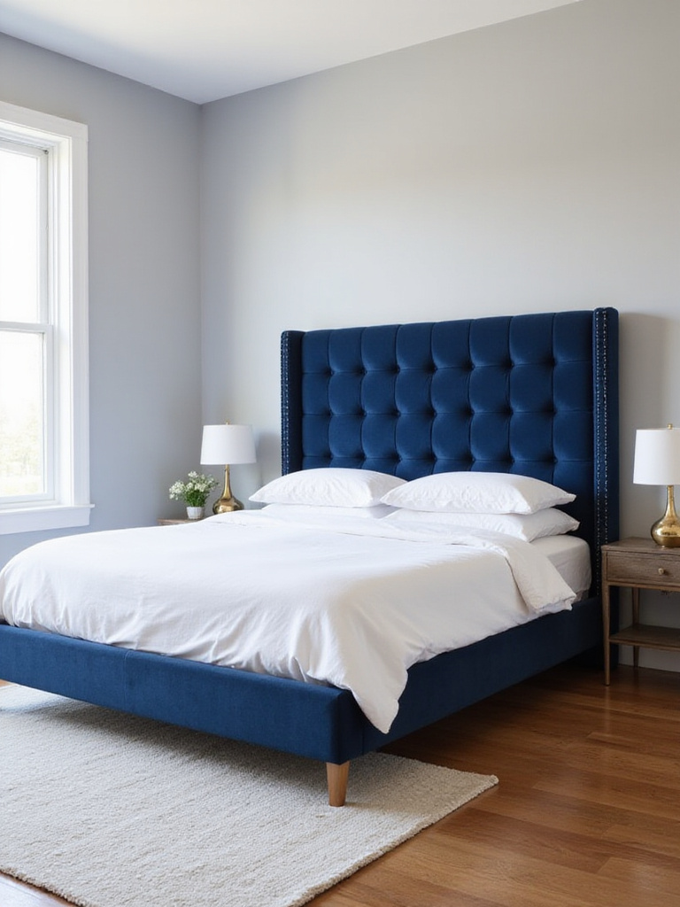 Velvet navy blue tufted headboard in a modern bedroom.