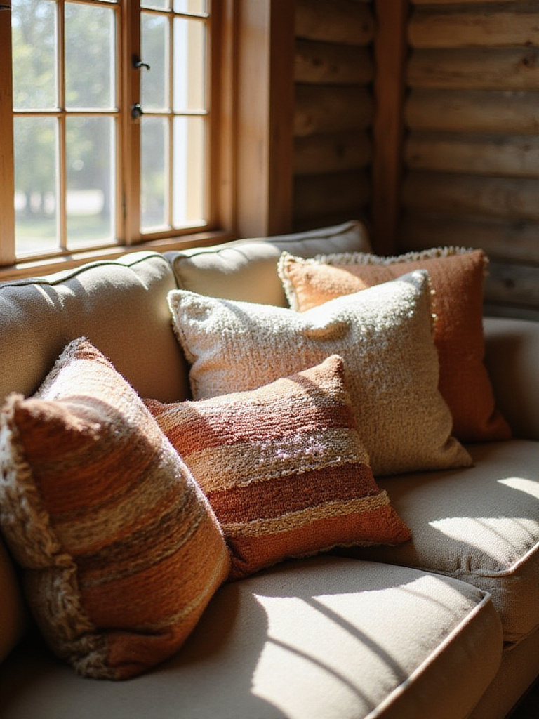 Rustic living room sofa with artisan handwoven throw pillows in earthy tones.