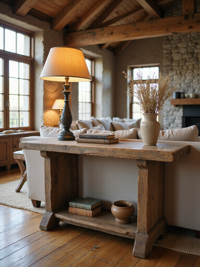Rustic living room featuring an authentic barnwood console table behind a sofa, styled with vintage decor.