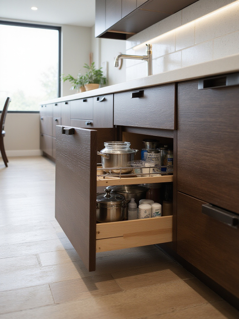 Modern kitchen base cabinets with pull-out shelves and under-sink organization.