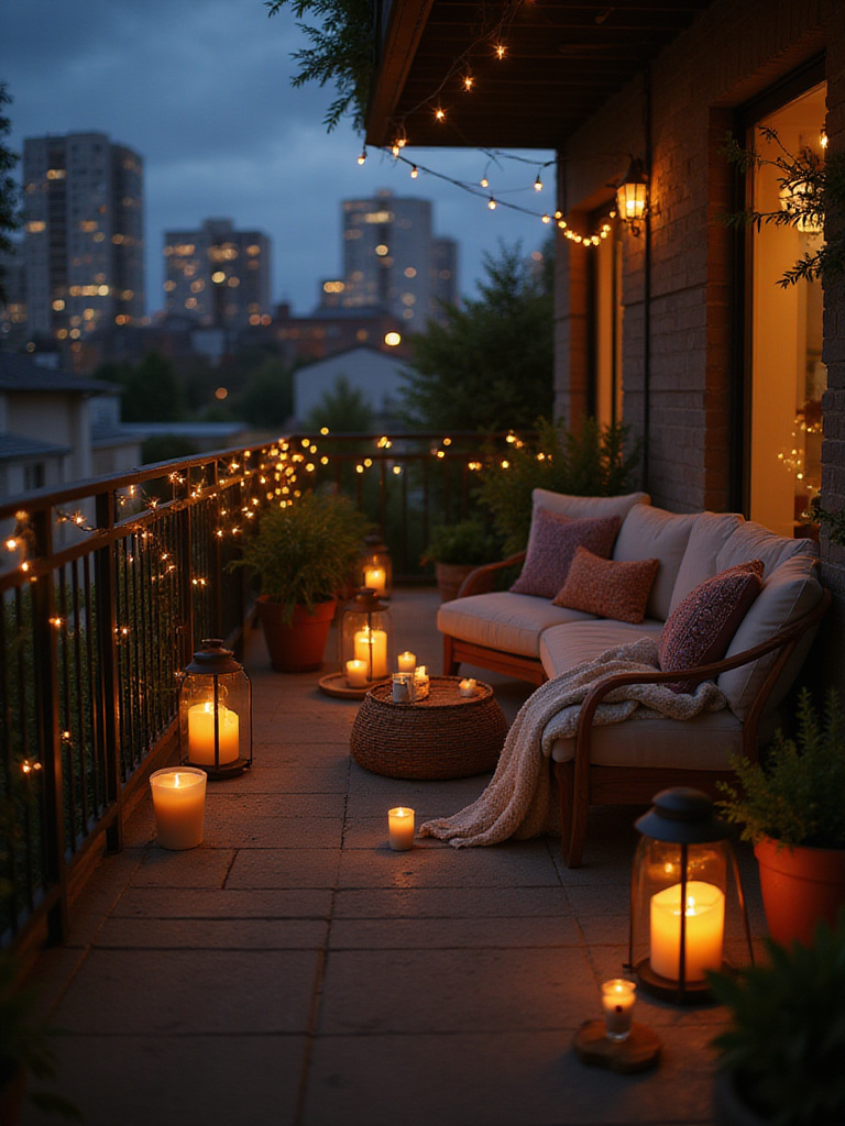 Apartment balcony decorated with battery-operated candles and soft lighting for a relaxing outdoor oasis.