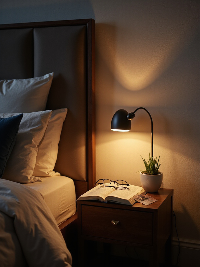 Cozy bedroom nightstand with a modern bedside lamp illuminating an open book.