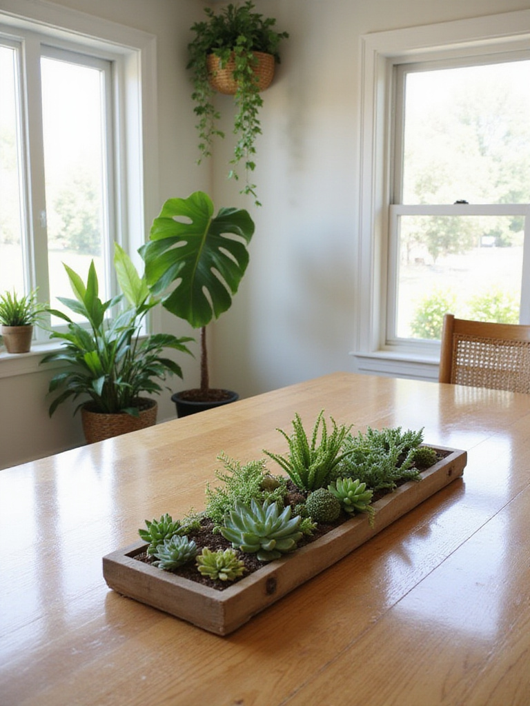 Dining room with lush greenery and indoor plants.