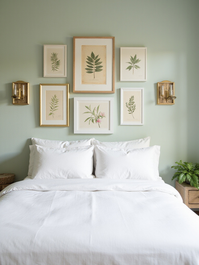 Bedroom with botanical print gallery wall above bed