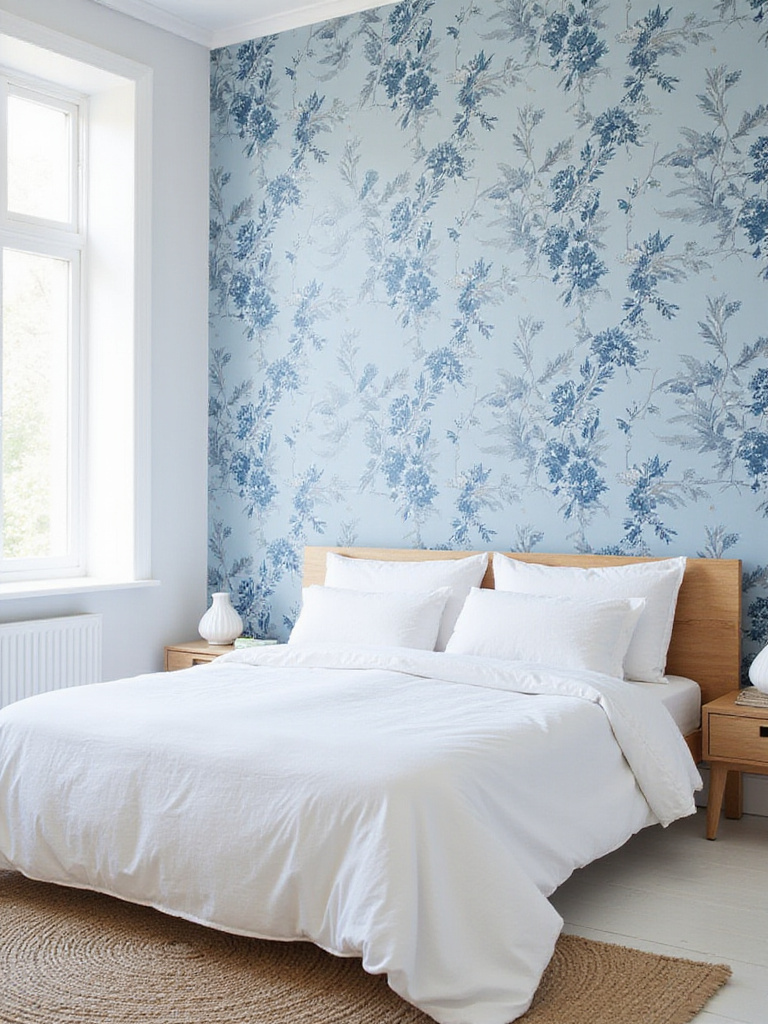 Blue botanical wallpaper creating a serene bedroom atmosphere