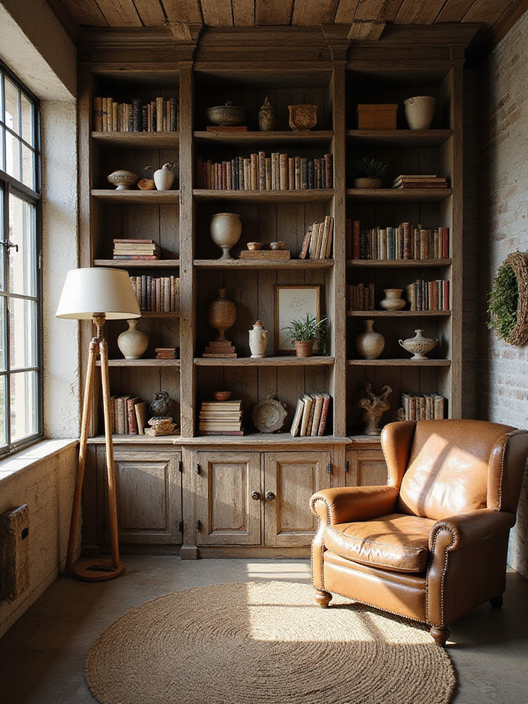 Rustic living room with distressed wood bookshelf displaying vintage books and pottery.