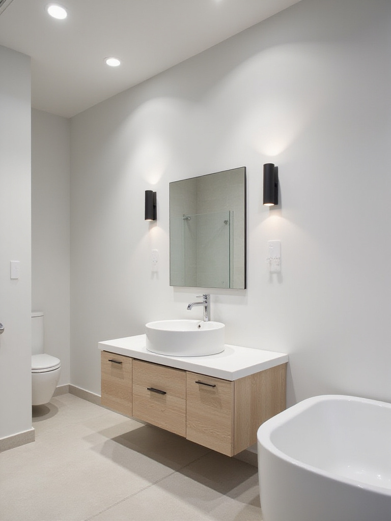 Modern minimalist bathroom with clean lines and neutral colors, featuring simple matte black cylindrical sconces above the mirror and recessed ceiling lights, illustrating minimalist lighting fixtures.