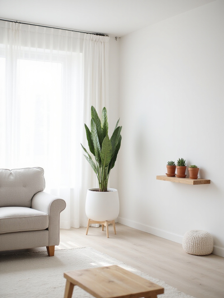 Minimalist living room with strategically placed plants adding life and color.