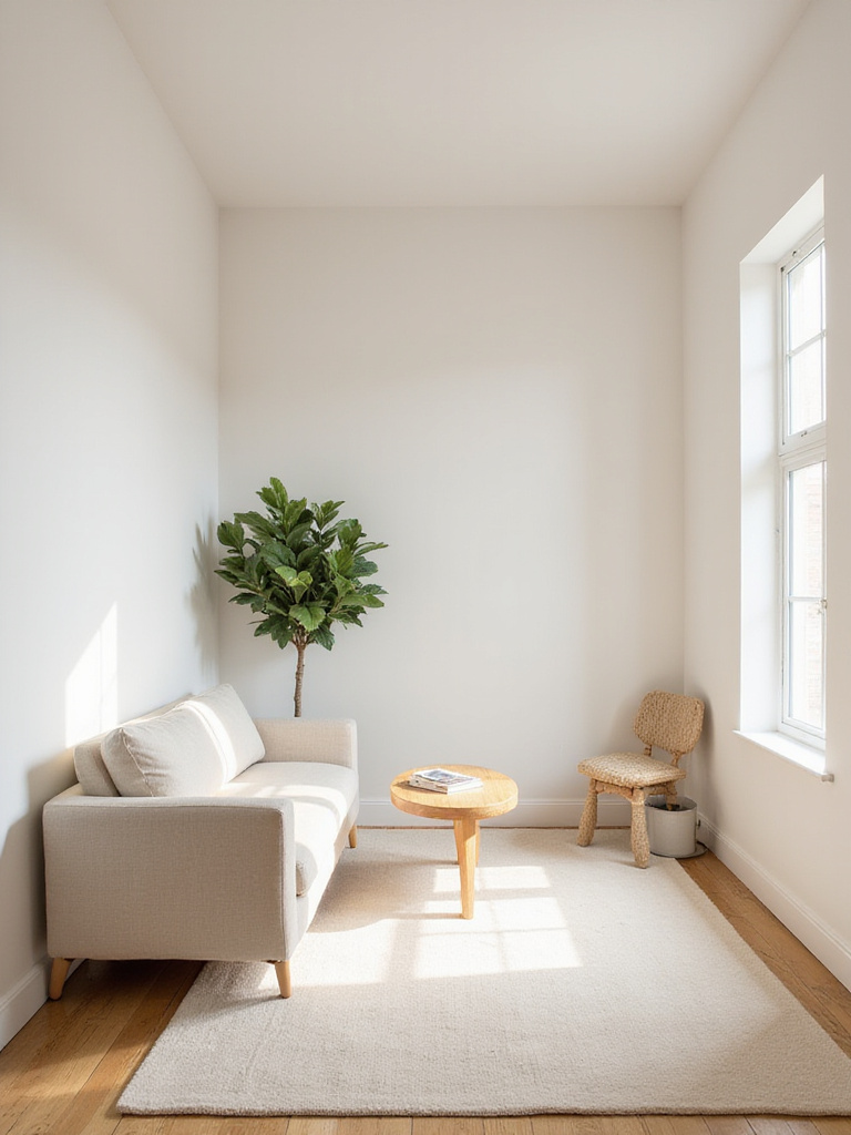 Minimalist living room with timeless design elements, featuring neutral colors, natural materials, and clean lines.