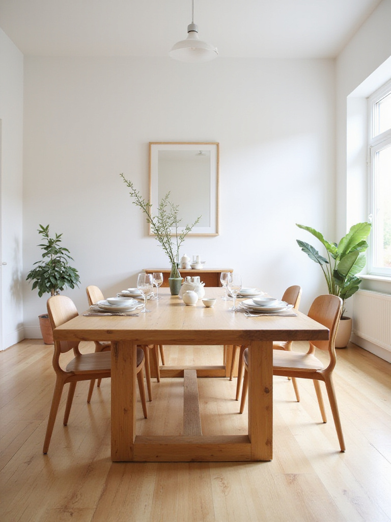 Elegant dining room featuring a light wood rectangular dining table set for a meal.