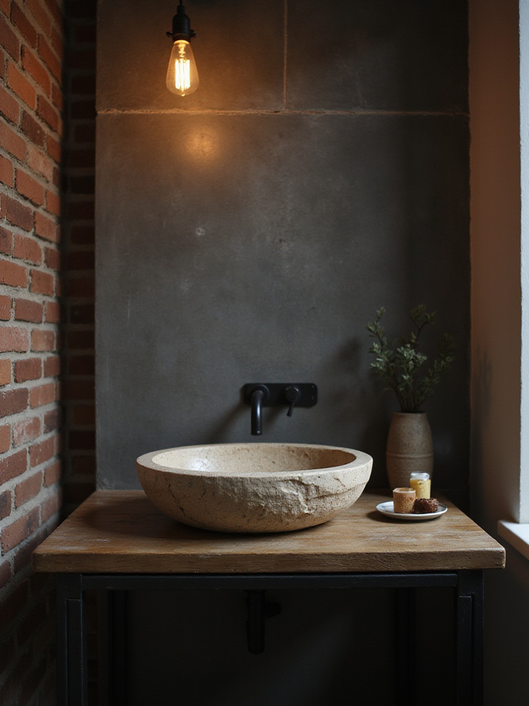Industrial bathroom featuring a natural stone sink with exposed brick wall