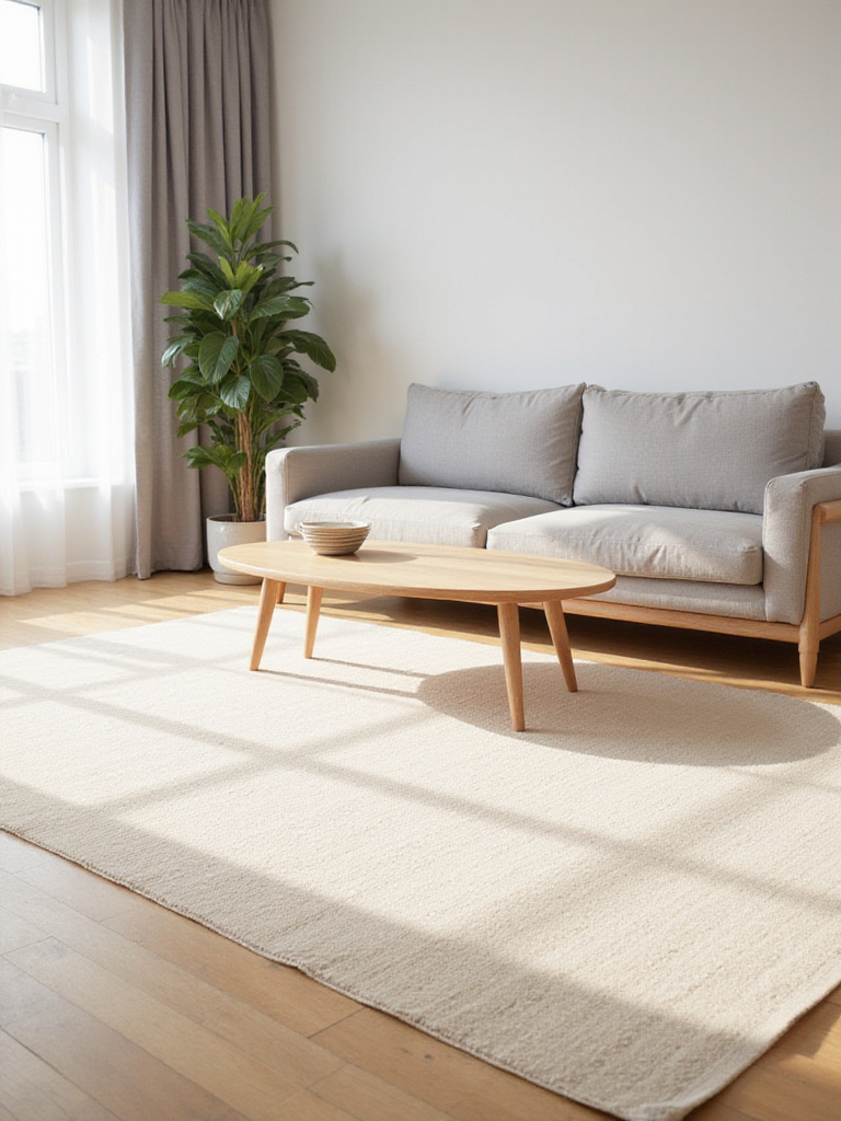 Minimalist living room with a large, light beige wool rug grounding the seating area.