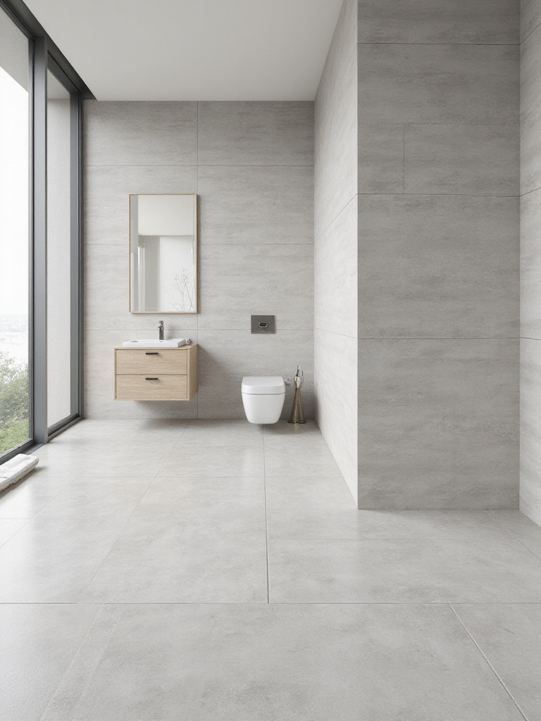 Minimalist bathroom with large format grey tiles on walls and floor, showcasing a simple, cohesive tile design.