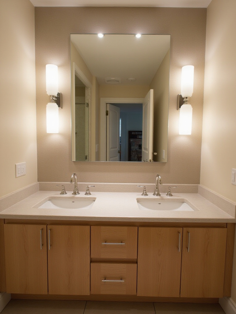 Well-proportioned sconces flanking a rectangular mirror above a modern double vanity in a bathroom.