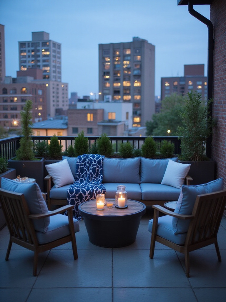 Plush outdoor cushions on balcony furniture create a comfortable and inviting outdoor living space.
