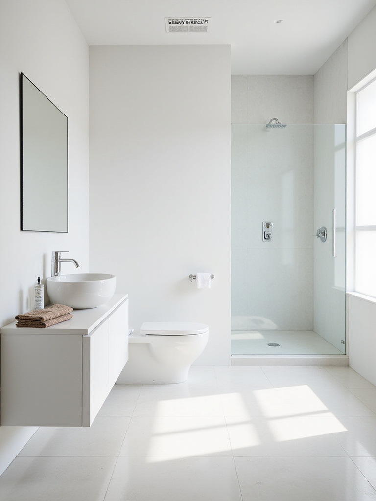 Wide view of a sparkling clean minimalist bathroom with bright natural light, showcasing uncluttered surfaces and a sense of calm.