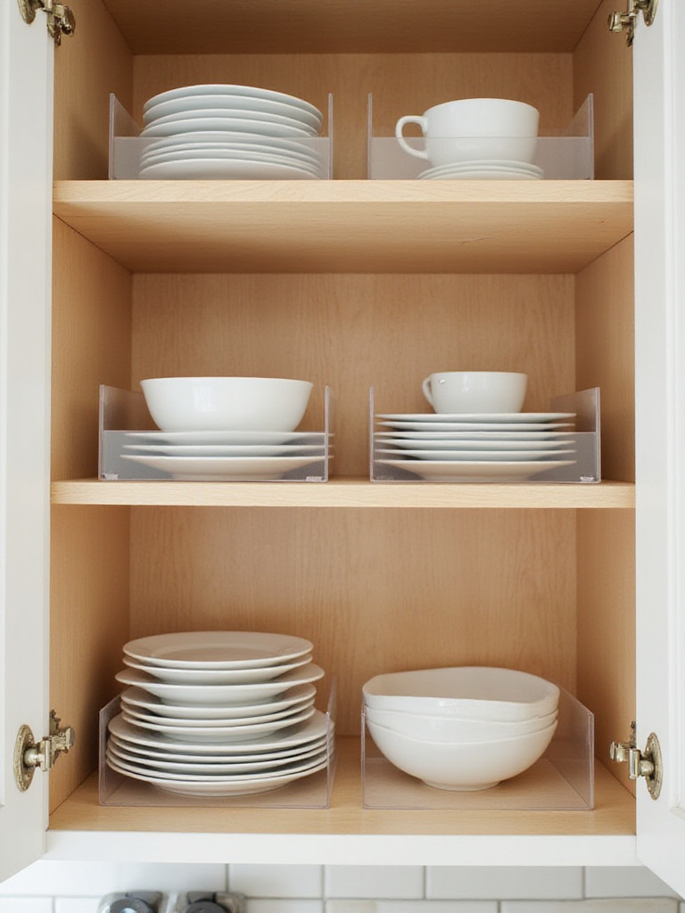 Kitchen cabinet organized with shelf dividers, showing neatly stacked plates and bowls.