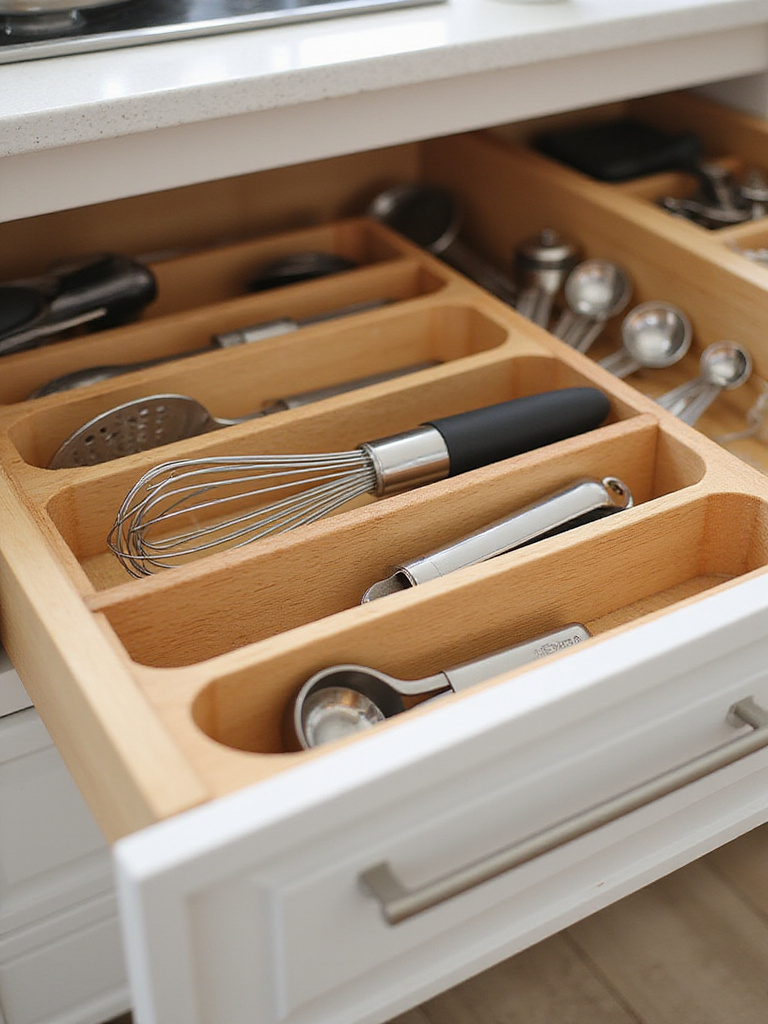 Organized kitchen drawer with wooden dividers separating utensils and gadgets.