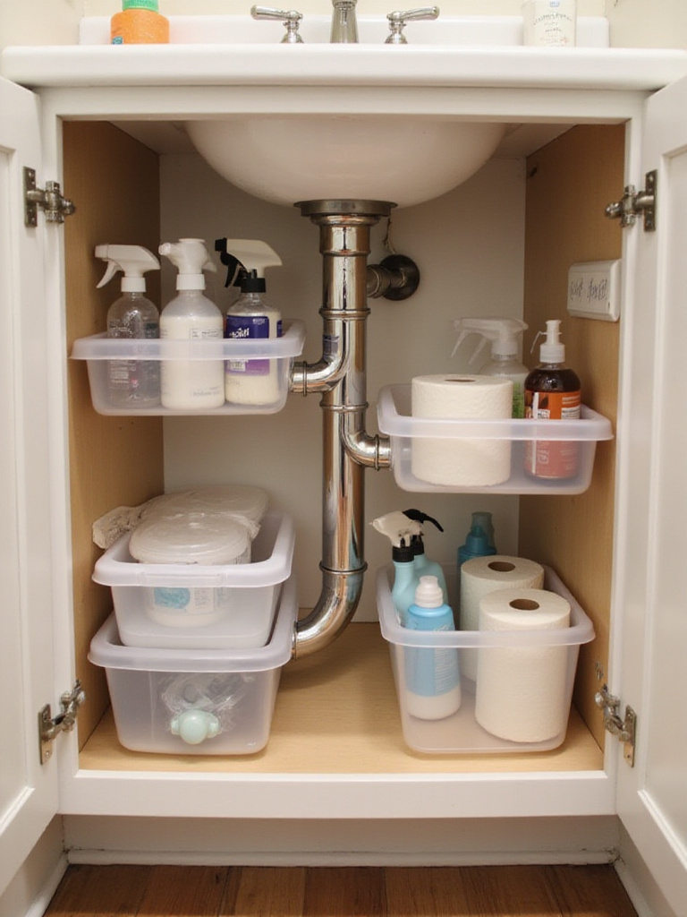 Well-organized bathroom sink cabinet interior showing pull-out drawers, stackable bins, and door storage maximizing space around plumbing pipes.