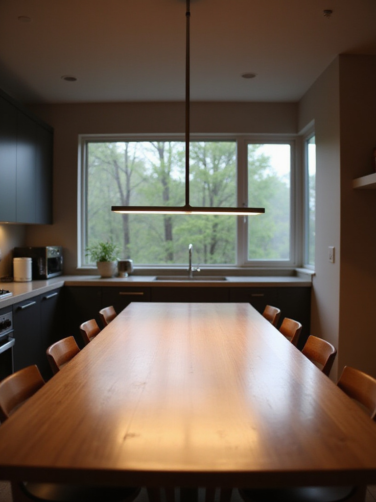 Sleek linear pendant light fixture installed above a long rectangular kitchen table, demonstrating how lighting shape can complement table shape for balanced illumination.