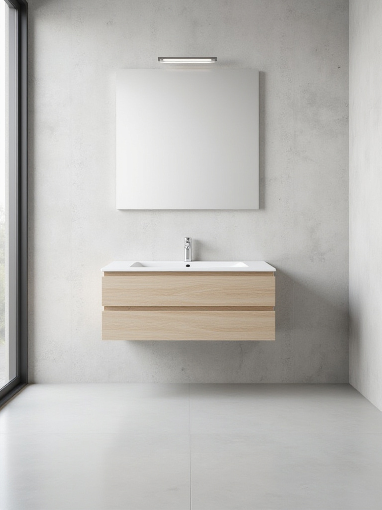 A minimalist bathroom featuring a light wood floating vanity with a white countertop, mounted against a textured wall, showcasing the open floor space underneath.