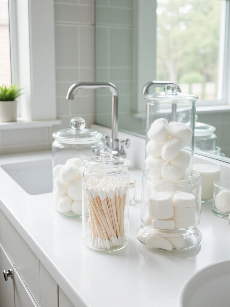 Clear glass jars and acrylic containers filled with cotton balls and Q-tips neatly organized on a bright bathroom counter.