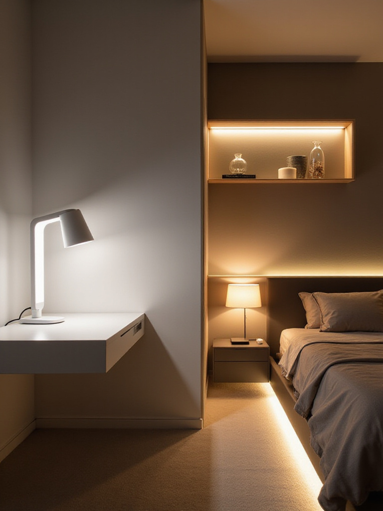 Modern bedroom design with cool white task lighting and warm white ambient lighting creating a balanced and inviting space.