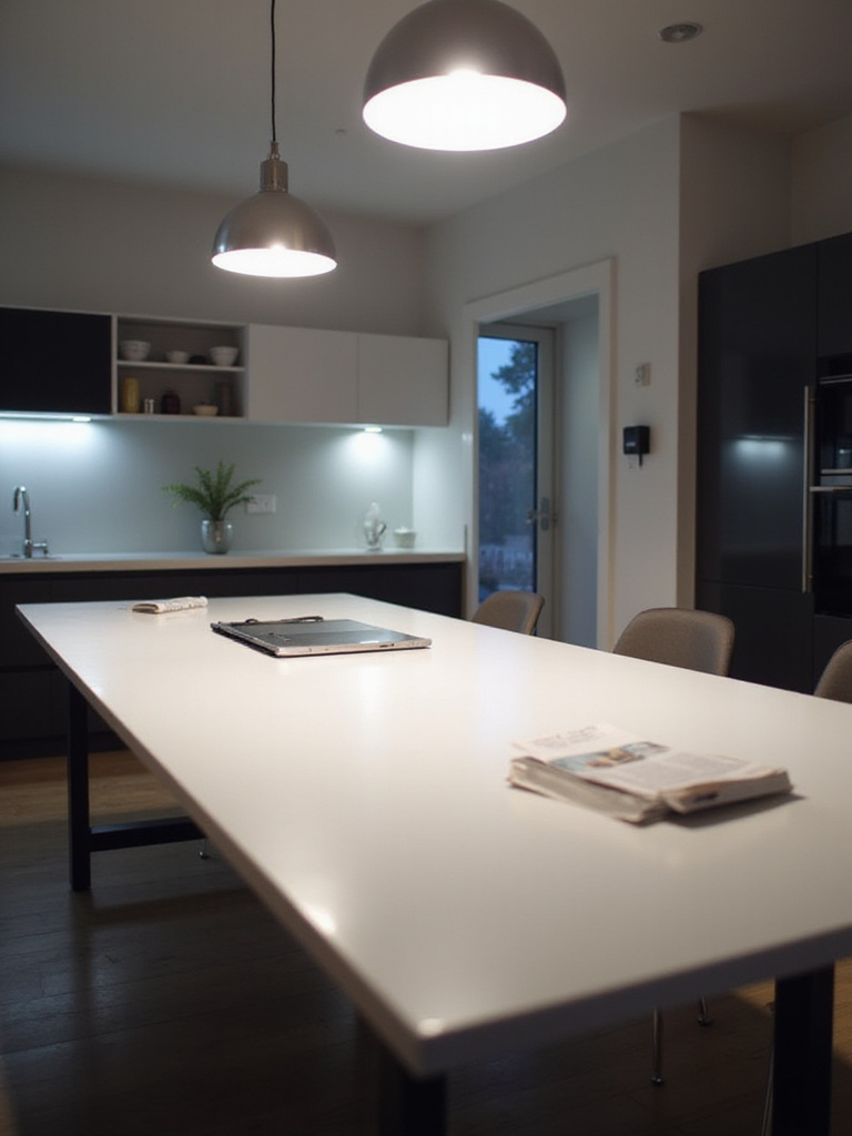 Modern kitchen table illuminated by bright cool white LED pendant lights overhead, designed for task focus and reading.