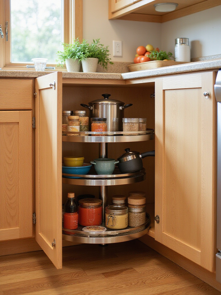 Corner kitchen cabinet with a two-tiered stainless steel Lazy Susan showcasing organized cookware and spices.