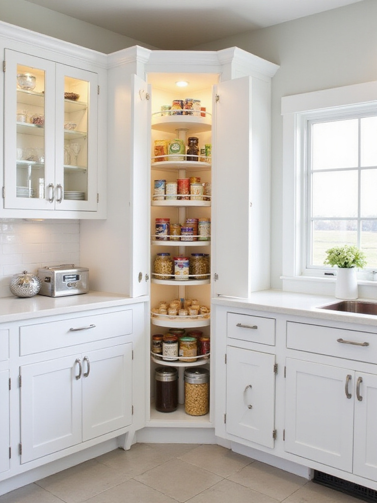 Corner pantry unit with rotating shelves maximizing kitchen storage space.