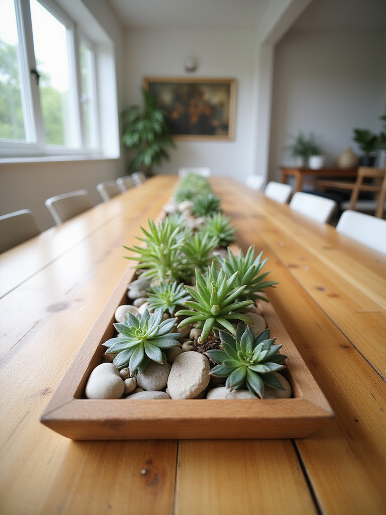 Modern dining room with a succulent garden centerpiece on a wooden table.