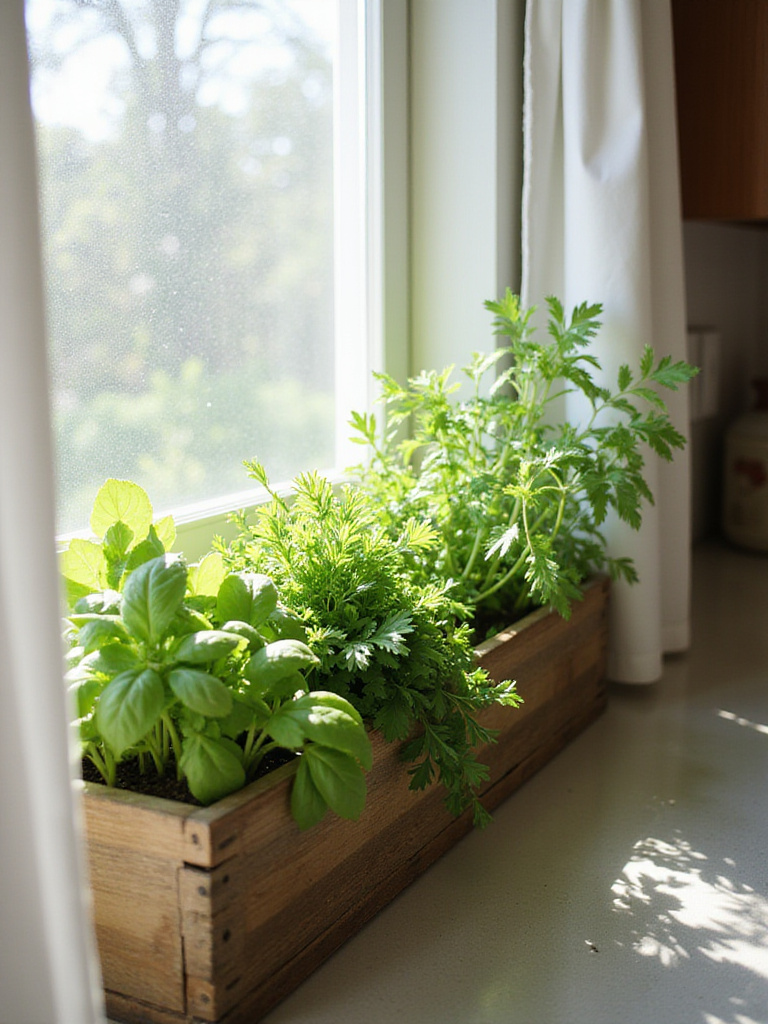 DIY herb window box overflowing with fresh herbs in a sunlit kitchen window.