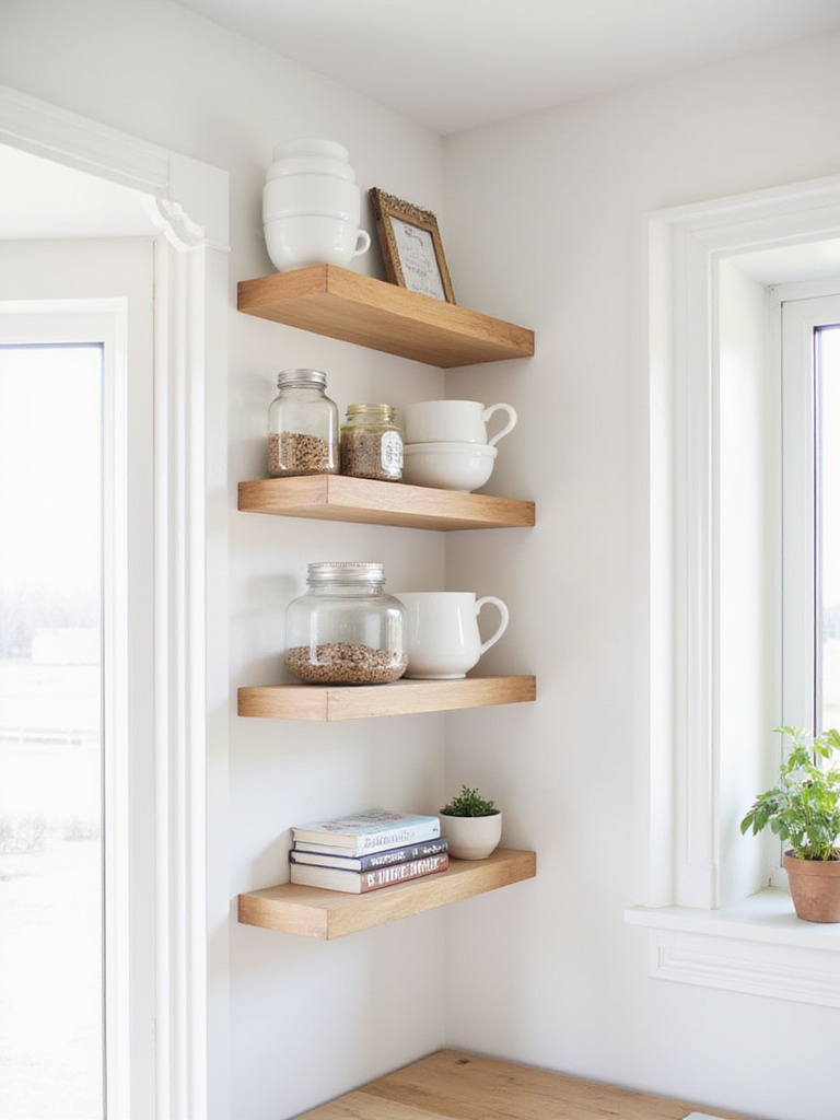 Kitchen with light wood open shelving displaying dishes, jars, herbs, and cookbooks.