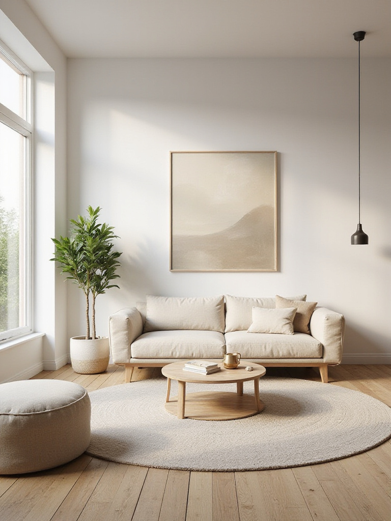 Serene minimalist living room with consistent color palette and simple furniture.